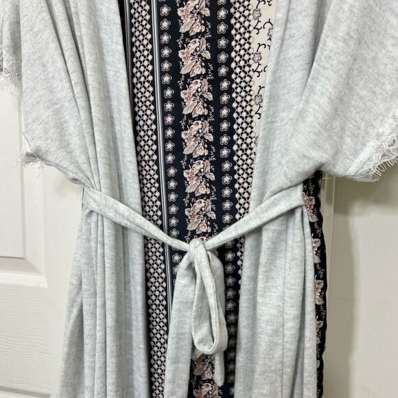 Vocal Cardigan Kimono Duster Short Sleeve Floral Back Tie Belt Lace Trim Large - Picture 10 of 12